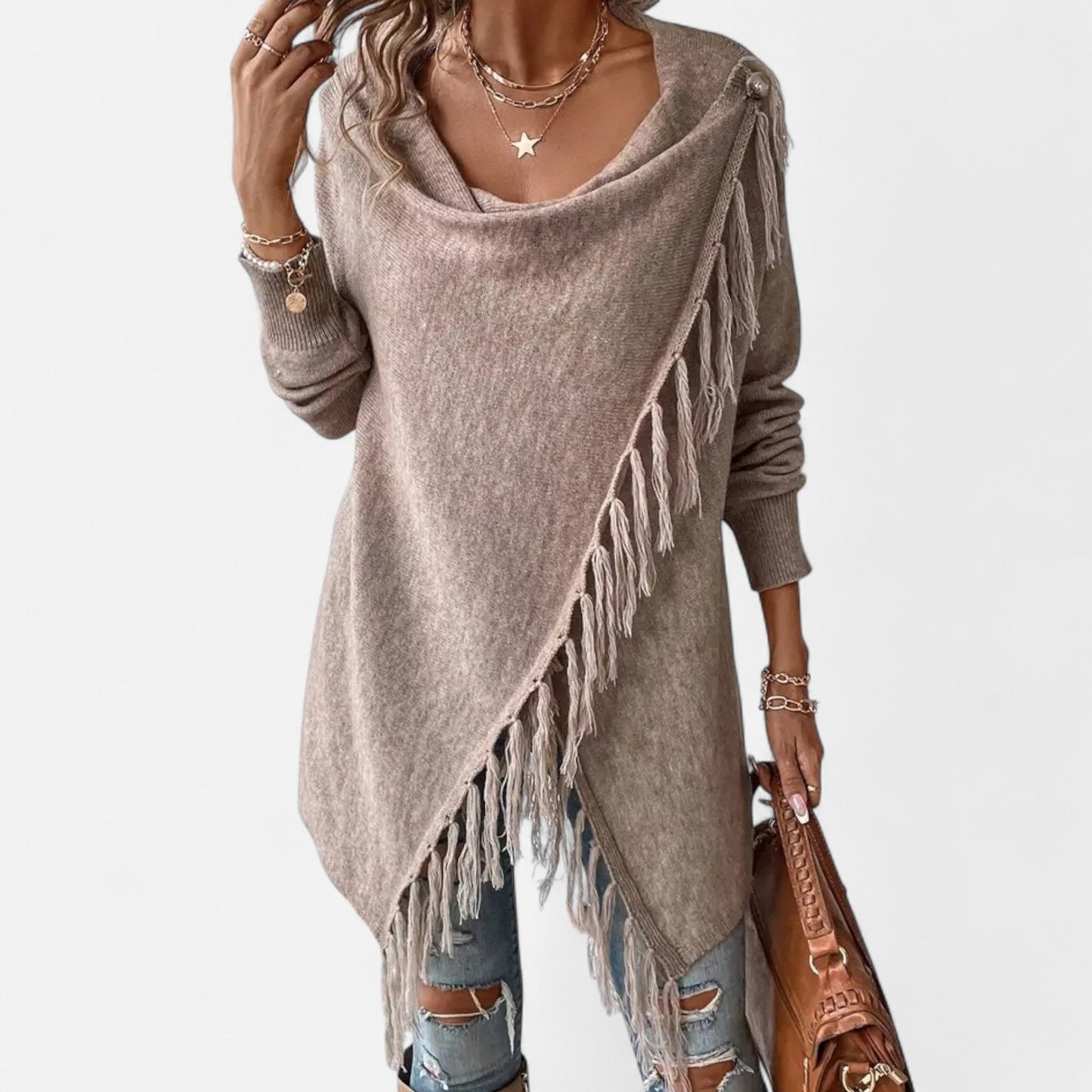 Janisse | Pull Femme à Col Drapé avec Franges et Pampilles Couleur Unie