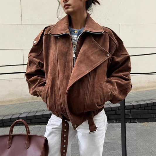 Fanny | Veste Bomber Femme Oversize Marron, Suédine Élégante, Fermeture Asymétrique, Épaulettes