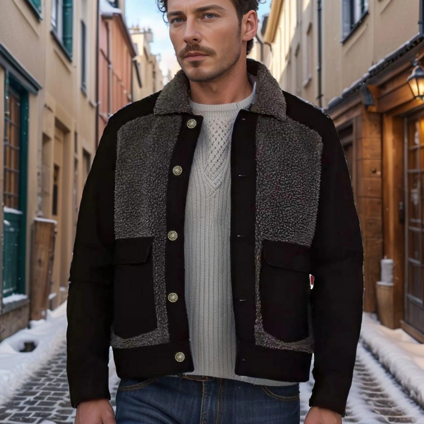 Hector | Veste Trucker Homme Boutonnée, Col Sherpa, Patchwork, Coupe Regular, Longueur Hanches