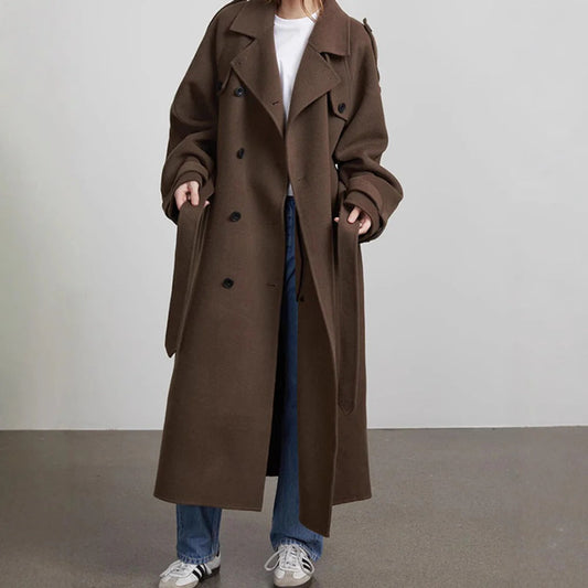 Eugénie – Trench Coat Long Femme Oversize, Double-Boutonnage, Ceinture Taille, Col à Revers Élégant