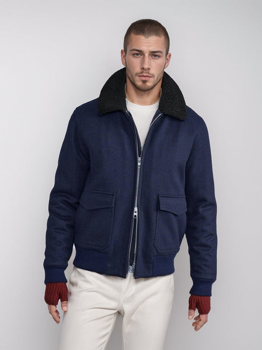 Aurel | Bomber Homme Chic en Laine Mélangée avec Col Shearling, Fermeture Zip Double Sens et Bords-Côtes