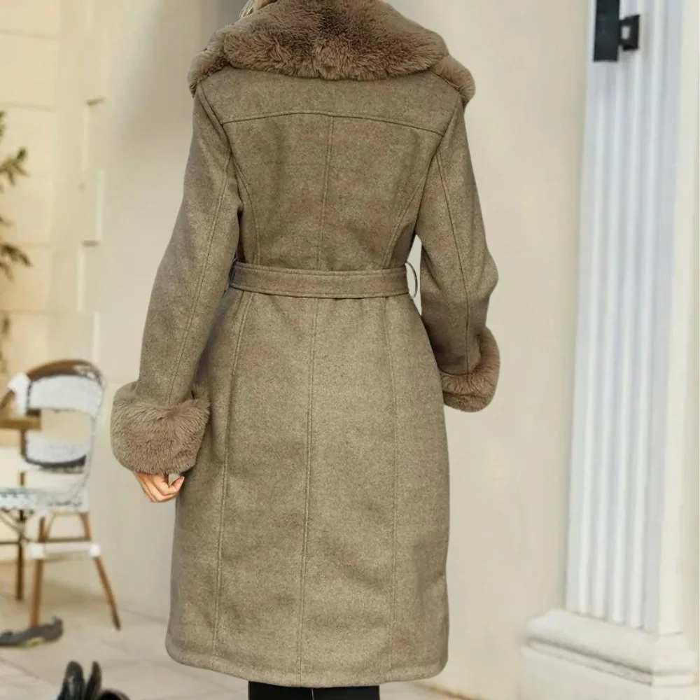 Ghislaine | Trench Coat Femme Laine Mélangée avec Ceinture, Doublure Matelassée et Col en Fausse Fourrure