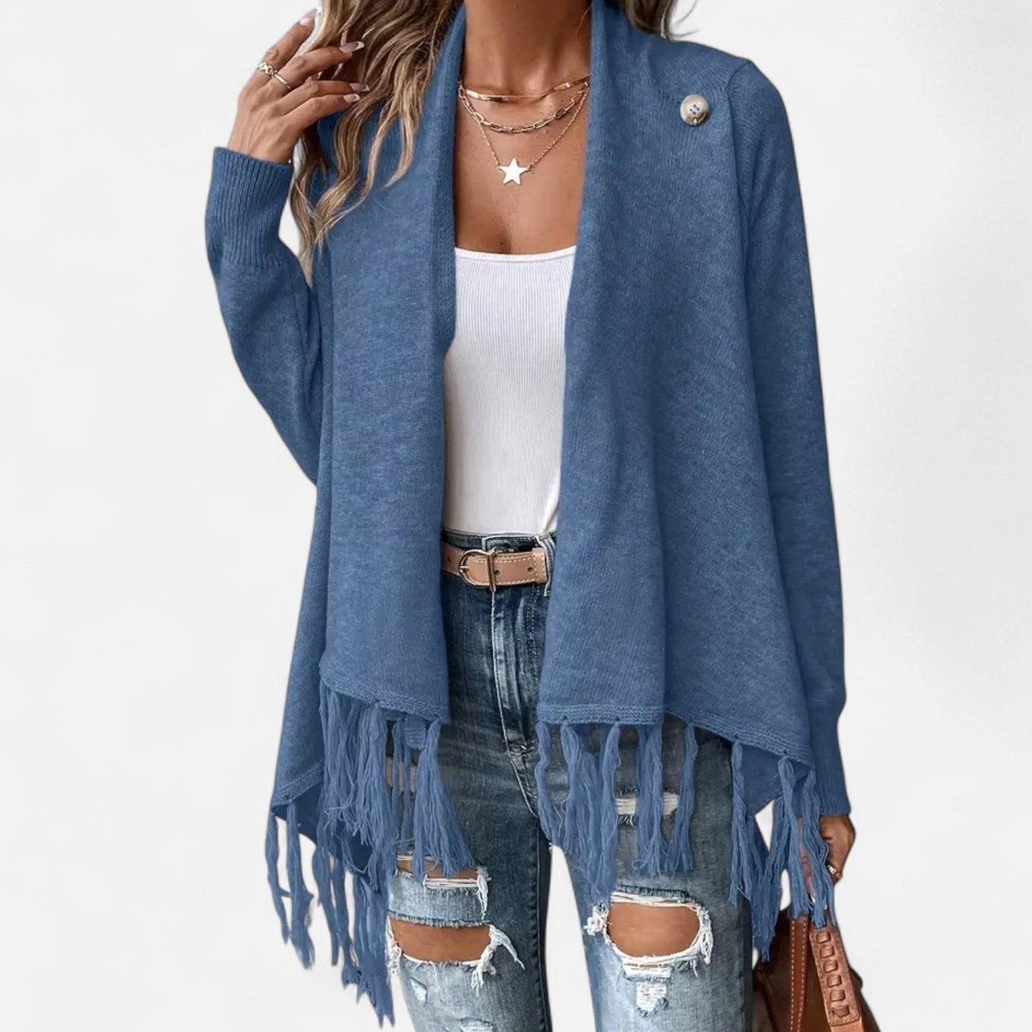 Janisse | Pull Femme à Col Drapé avec Franges et Pampilles Couleur Unie