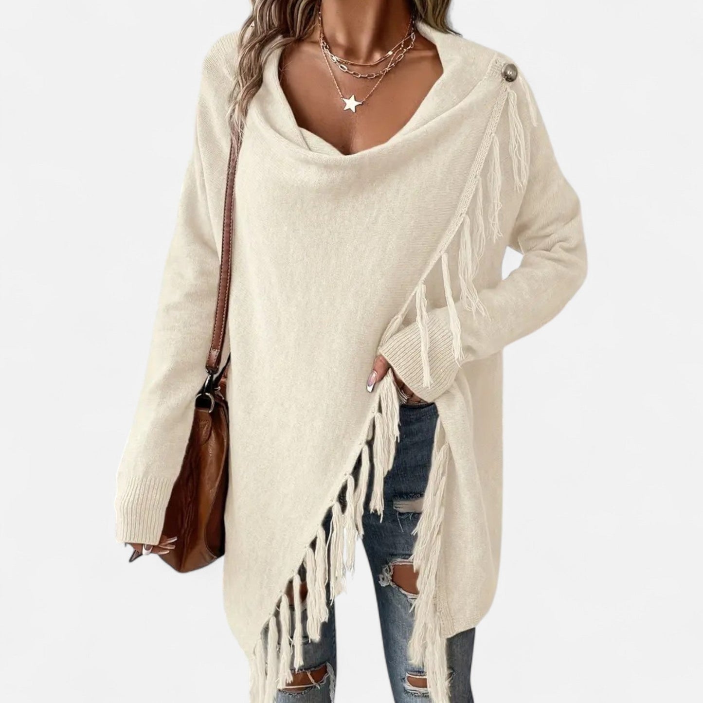 Janisse | Pull Femme à Col Drapé avec Franges et Pampilles Couleur Unie