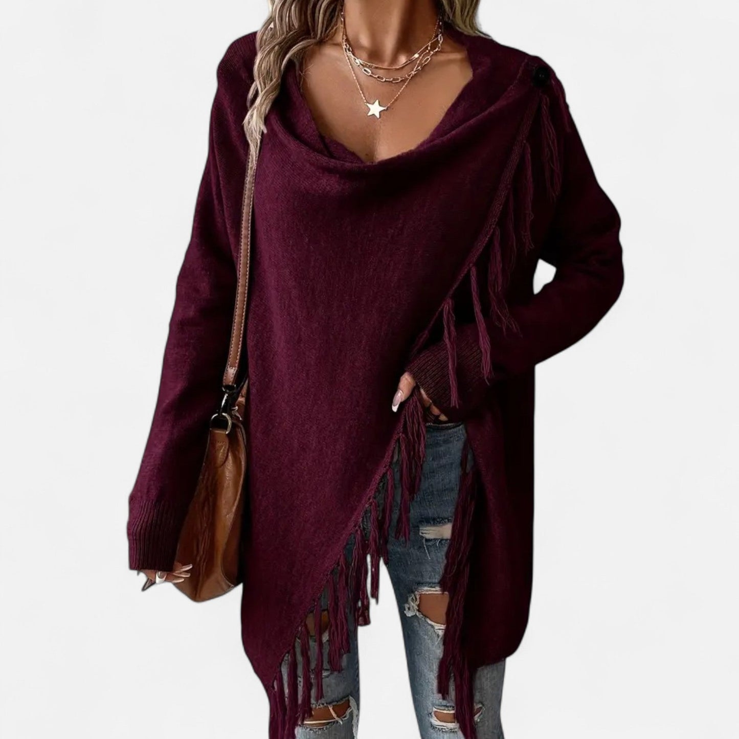 Janisse | Pull Femme à Col Drapé avec Franges et Pampilles Couleur Unie
