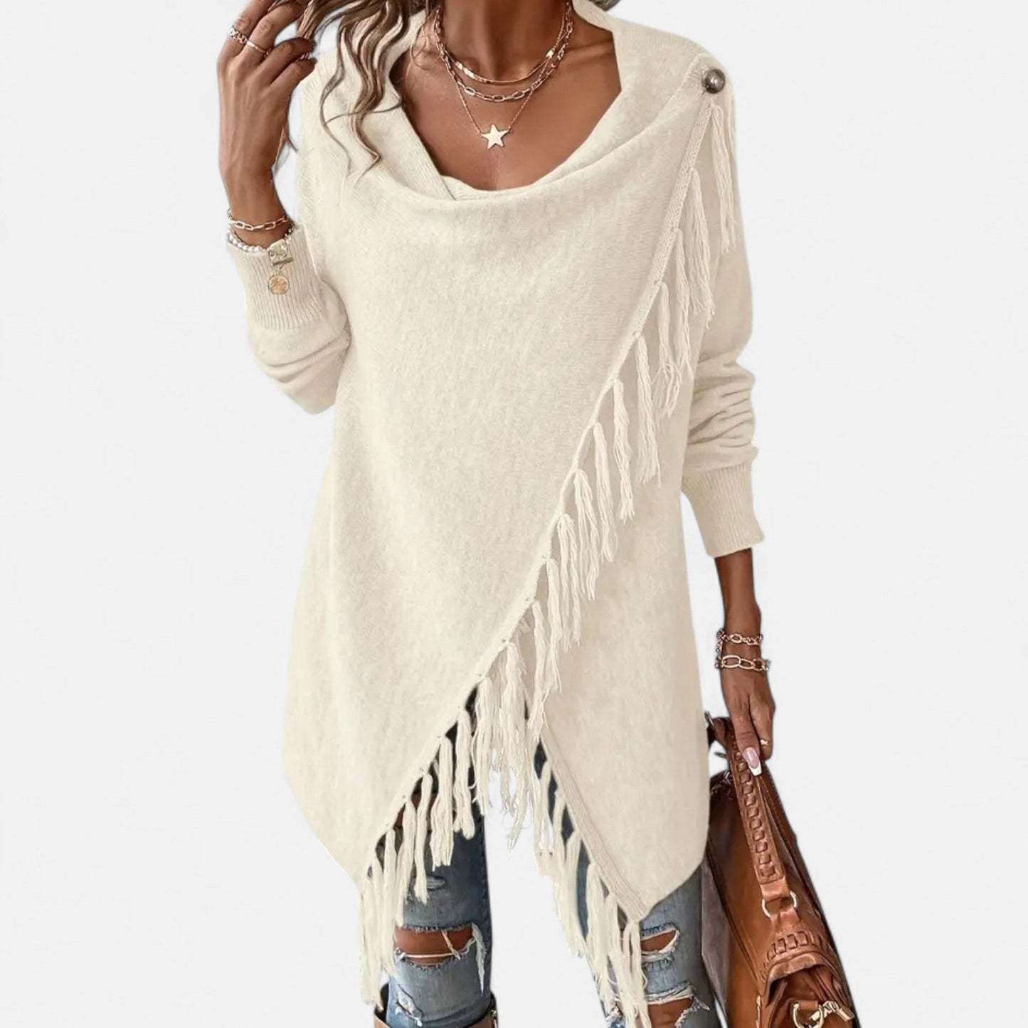 Janisse | Pull Femme à Col Drapé avec Franges et Pampilles Couleur Unie