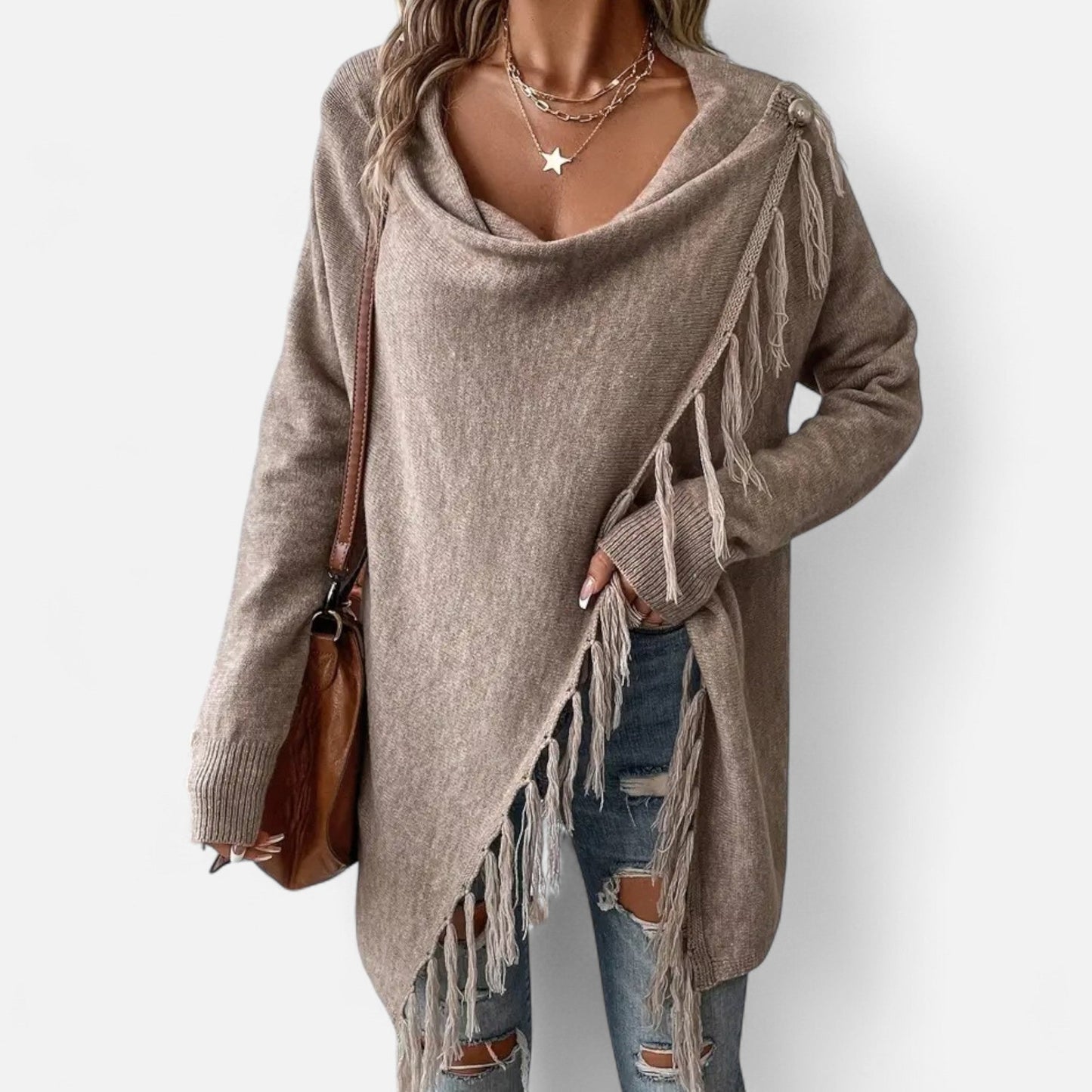 Janisse | Pull Femme à Col Drapé avec Franges et Pampilles Couleur Unie