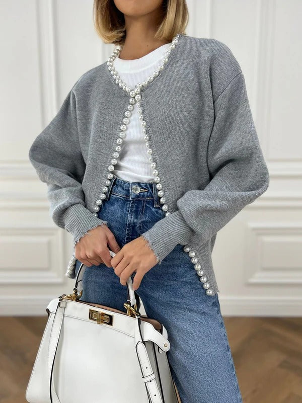 Lauriane | Gilet Femme Élégant en Maille, Coupe Décontractée avec Bordures Perles et Finition Brute
