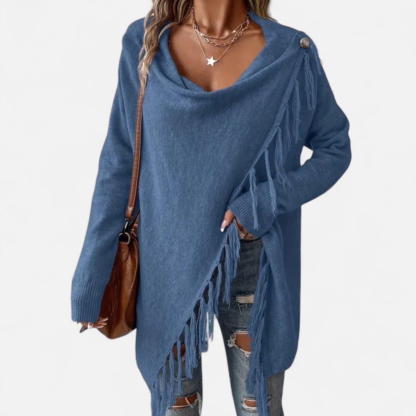 Janisse | Pull Femme à Col Drapé avec Franges et Pampilles Couleur Unie