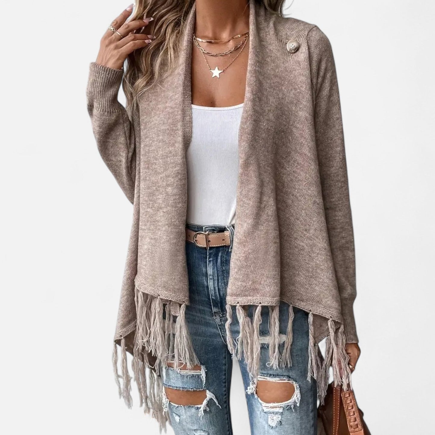 Janisse | Pull Femme à Col Drapé avec Franges et Pampilles Couleur Unie