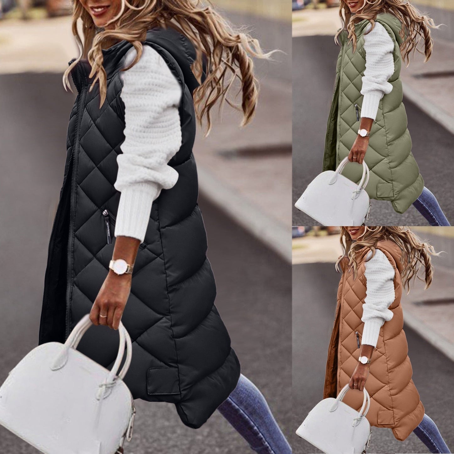 Béryl | Gilet Long Matelassé Femme avec Capuche et Fermeture Éclair