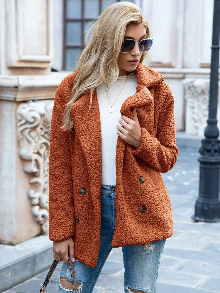 Vivienne-Rose | Manteau Femme Teddy Doux Double Boutonnage à Col Revers, Couleur Unie