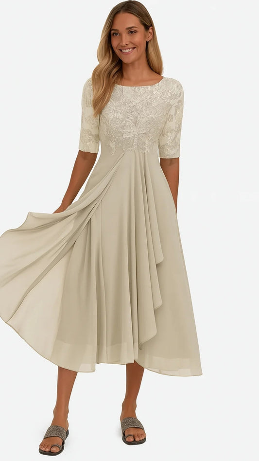 Robe Midi avec Dentelle et Jupe en Chiffon – Élégance pour les Occasions Spéciales