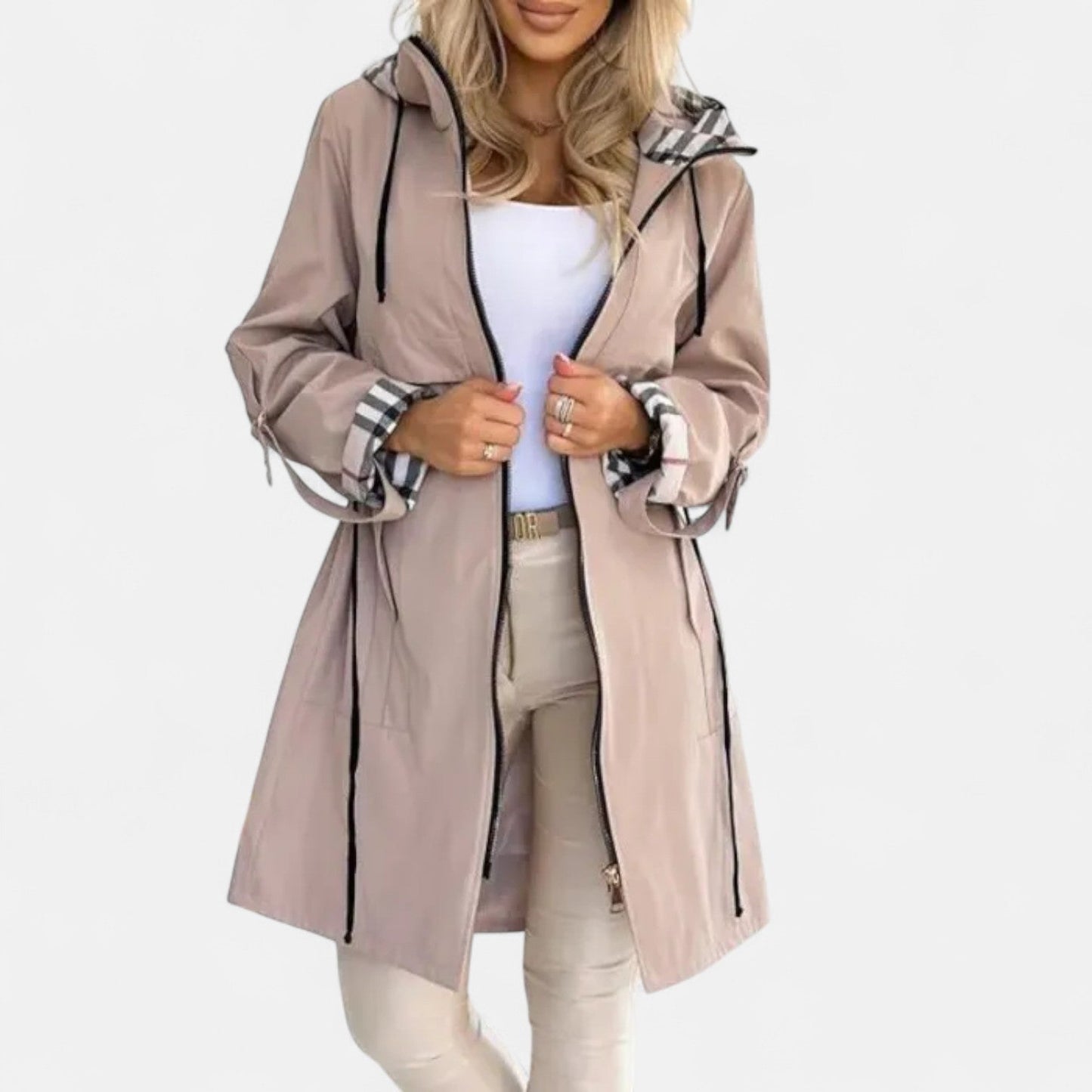 Veste Femme Légère de Mi-Saison avec Capuche | Coupe Féminine & Détails Carreaux